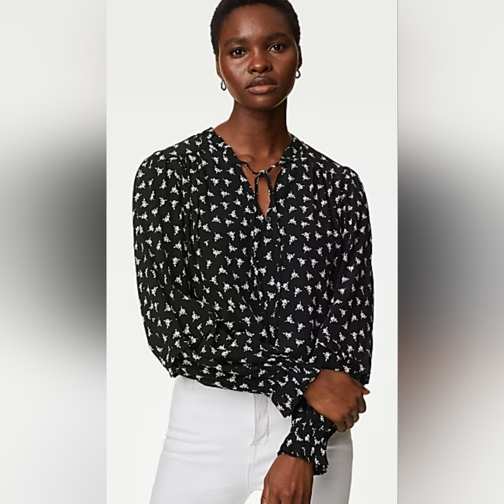 M&S Collection Printed Frill Detailed Tied Blouse